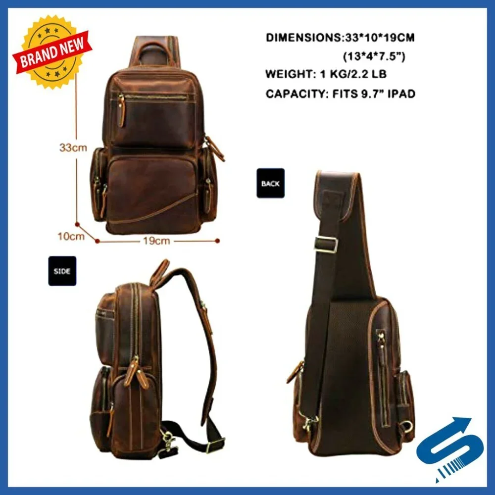 Full Grain Leather Sling Bag Fits 10.5 iPad Crossbody Backpack Men